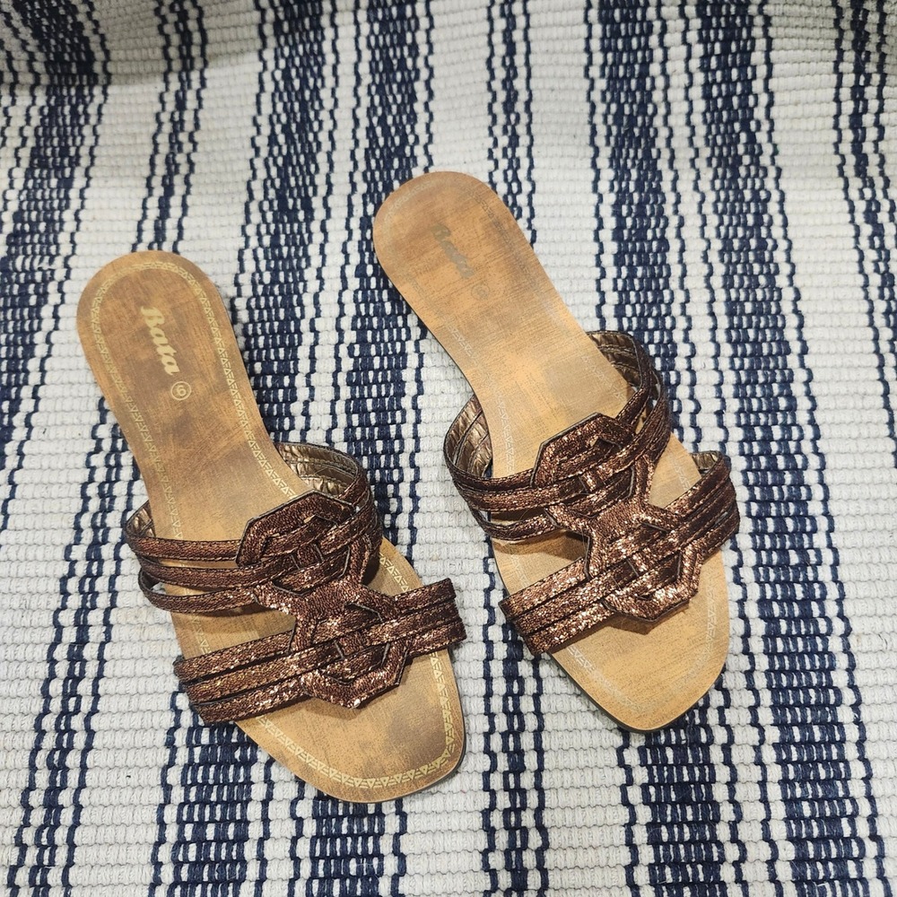 Bata Womens Metallic Bronze Strappy Slide Sandals Faux‎ Wood Insole Size 9